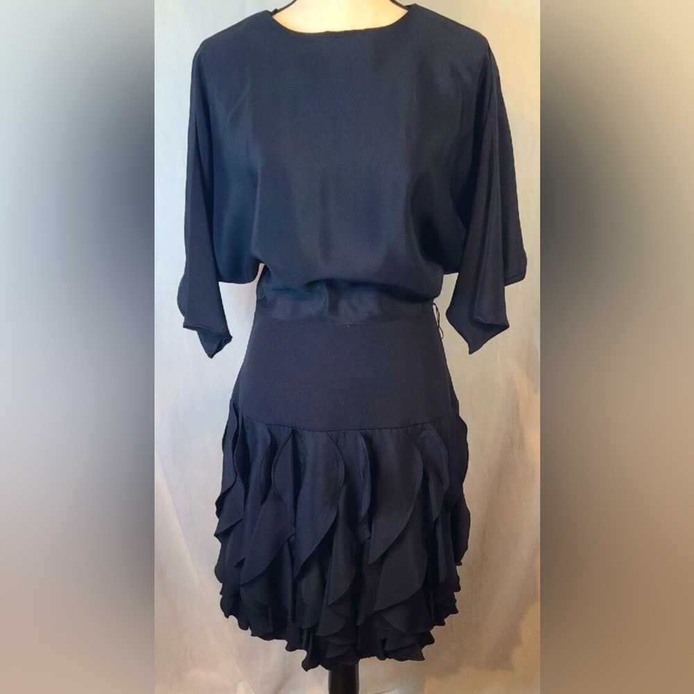 BETSY & ADAM 80s Vintage Black Batwing Dress Dolman Sleeve Ruffled Jr Sz 5/6